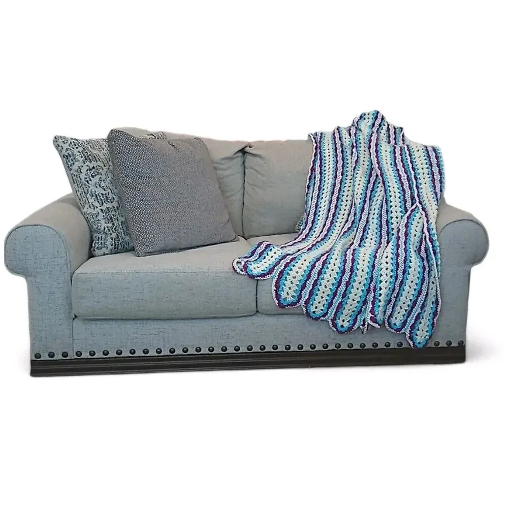 VNT Crochet Blanket Throw Afghan 68.x37 Blue White Stripes Scallop Hippie Granny
